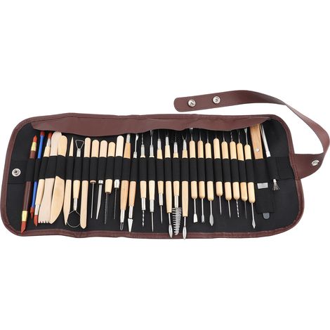 Set mit 30 Holzwerkzeugen zum Modellieren, Bildhauen und Töpfern, inklusive rollbarer Stofftasche (1/5)