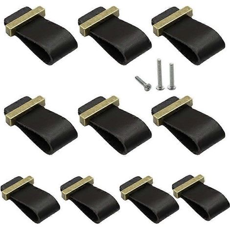 Lot de 10 poignées en cuir noir pour meubles, poignées de placard, boutons de porte de tiroir, poignées de commode et d'armoire avec vis, poignée en cuir pour (1/5)