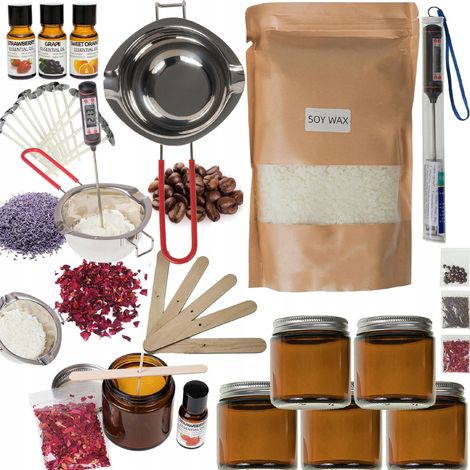 Grand Kit DIY pour Faire des Bougies en Cire de Soja avec 5 Bocaux