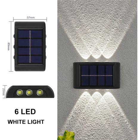 (6 LED blanches) Appliques murales solaires double tête haute luminosité (éclairage vers le haut et vers le bas) - Éclairage de jardin - Appliques murales pour enseignes de porte - Éclairage extérieur (1/5)