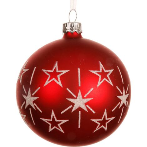 Kaemingk – Boule de Noël en verre, rouge Christmas Red avec étoiles pailletées blanches – Ø 8 cm