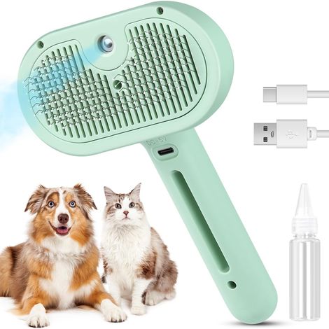 Cepillo de vapor, función de pulverización, cerdas de acero inoxidable, depósito de agua, autolimpiante, para gatos y perros. (1/5)
