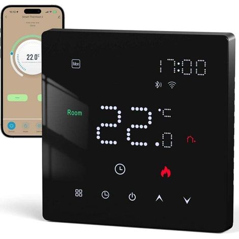WiFi Boiler Thermostat with Weekly Programming, Voice Control, Compatible with Alexa and Google Assistant, 220V Wall-Mounted Smart Thermostat, Black (1/4)