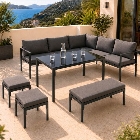 Conjunto de jardín para comer NAYLA de 8 plazas, en esquina, de metal y con cojines grises, que incluye mesa de comedor, sofá es (1/5)