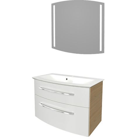 Fackelmann B.STYLE Badmöbel Set – Waschbecken mit Unterschrank und LED-Spiegel – Waschbeckenunterschrank 80 cm hängend breit in Weiß mit Sandeiche Holz braun – Badspiegel mit Beleuchtung"-"90177145 (1/5)