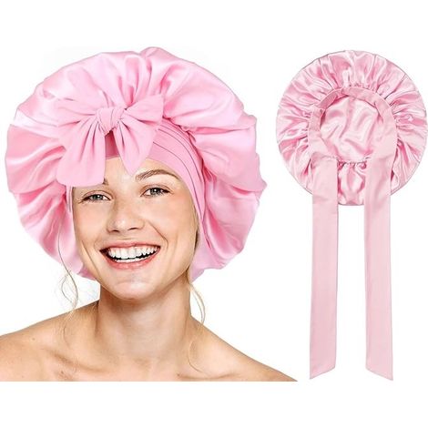 Cuffia da notte regolabile in raso di seta + 3 elastici per capelli, rosa (1/3)