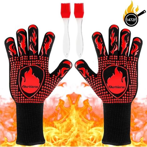 Gants de barbecue, 1472 "Gants de cuisson résistants à la chaleur Gants de four à barbecue avec 2 brosses, Gants ignifuges en silicone antidérapants pour cuisine de qualité alimentaire pour la cuisson