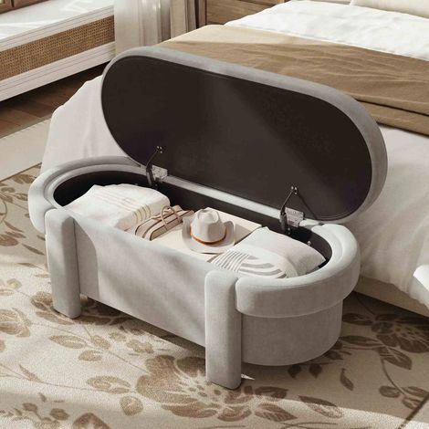 Banc de rangement avec coffre, rembourré, aspect polaire, gris, 121,5 x 49 x 44,5 cm – Salon / Chambre (1/5)
