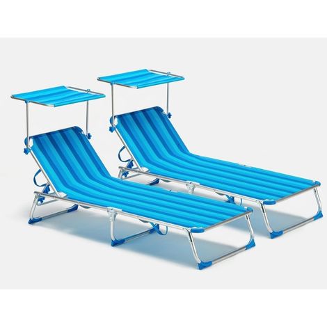 2 Lettini spiaggia mare pieghevoli con tettuccio brandina California - Strisce Blu