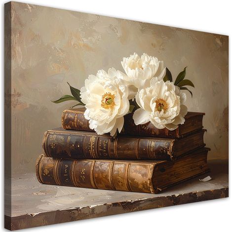 Cuadro en Lienzo, Flores de peonía libros vintage, 30x20 (1/5)