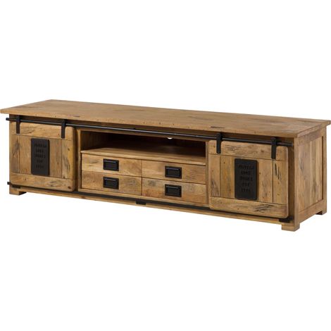 Massivmoebel24 – Meuble TV en bois de manguier massif 200x55 cm – Design industriel avec éléments en fer noir – 2 portes coulissantes pour rangement flexible