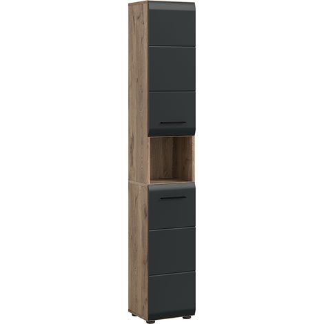 Badezimmer Hochschrank mit 30 cm Breite in Eiche mit schwarz matt, 2 Türen & 1 offenes Fach - IGGESUND-158 (1/5)