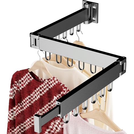Wall-mounted, foldable, space-saving, retractable, triple-fold clothes dryer for indoor and outdoor use, with 18 hooks, black (1/4)