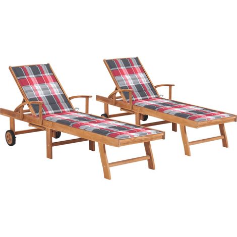 Set di 2 sedie a sdraio sedia a sdraio prendisole lettino da giardino terrazza mobili da esterno con massello di teak cuscino in piastrelle rosse 020012030