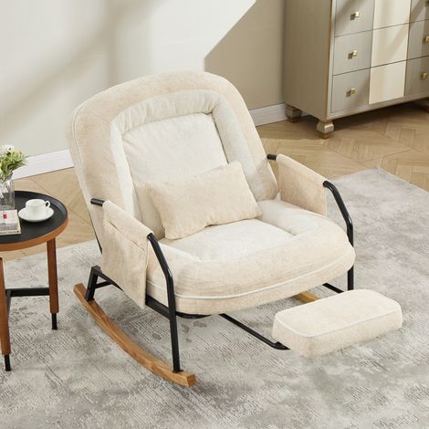 MODFU – Fauteuil bascule inclinable fausse fourrure – Dossier 100-160° et repose-pieds escamotable – Poches latérales et coussin mobile – Beige (1/5)