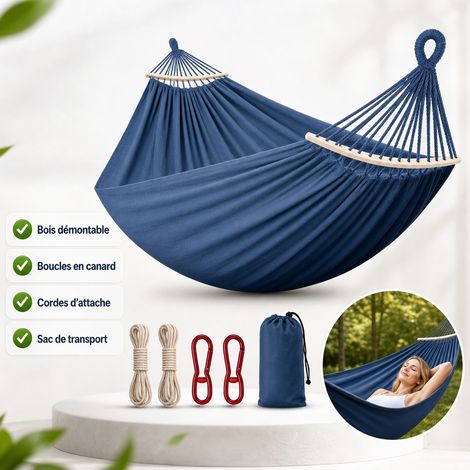 Hamac de Jardin 220 x 150 cm Toile Bleu - Hamac Double avec Barre Bois Amovible et Sangles 4 m (1/5)
