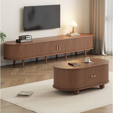 Conjunto de mueble TV y mesa de centro (170x40x42 cm), con cajones y estantes abiertos, MDF, nogal (1/5)