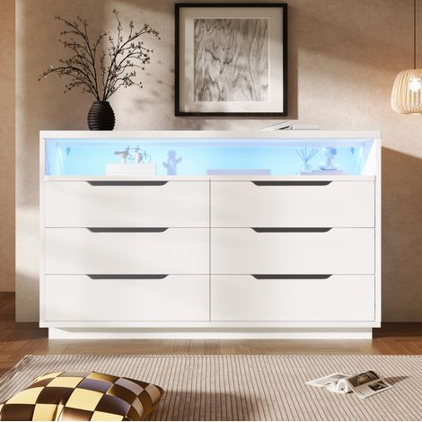 MEUBLIV Buffet blanc 120x40x85 cm – 6 tiroirs, LED intégrée, niche finition marbre (1/5)