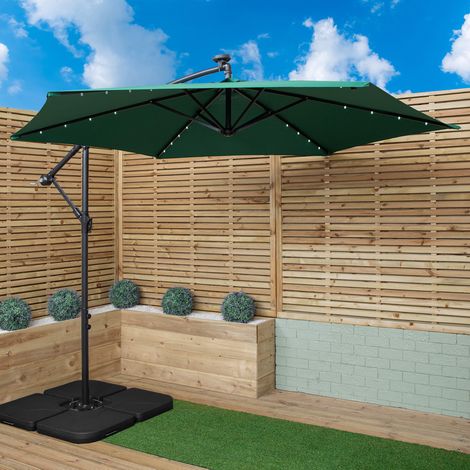 3m Solar Powered Lit Banana Cantilever Garden Parasol with LEDs & Base Weights Included in Green