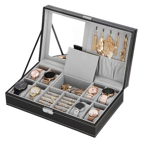 Caja de relojes de 33x20x9 cm, organizador negro y gris con compartimentos de ecopiel.
