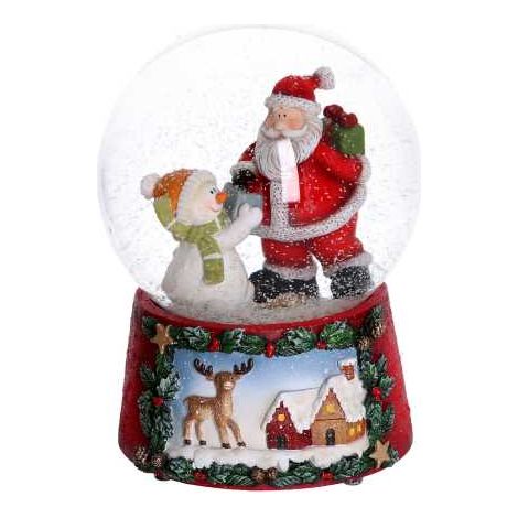 Glaskugel mit Weihnachtsmann-Spieluhr und roter Puppe cm10x10h14,5
