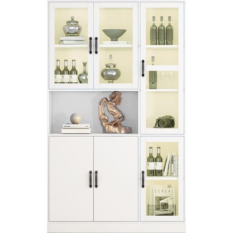 ELVMI Vitrine 4 Portes en Verre, 2 Portes en Bois, 4 Étagères Réglables, LED, MDF, 120 x 40 x 200 cm, Blanc (1/5)