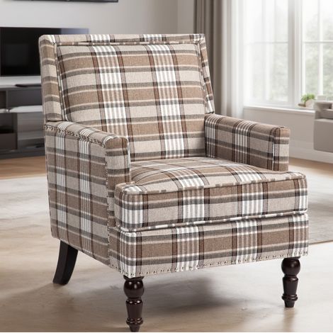 Fauteuil d'appoint en coton et lin marron et blanc, fauteuil de salon rembourré, montage facile,69x69x89 cm (1/5)