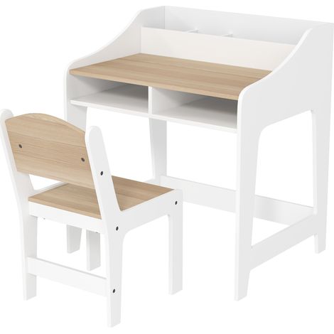 Ensemble bureau et chaise enfant 3-8 ans avec compartiments ouverts et étagères, effet bois naturel (1/5)