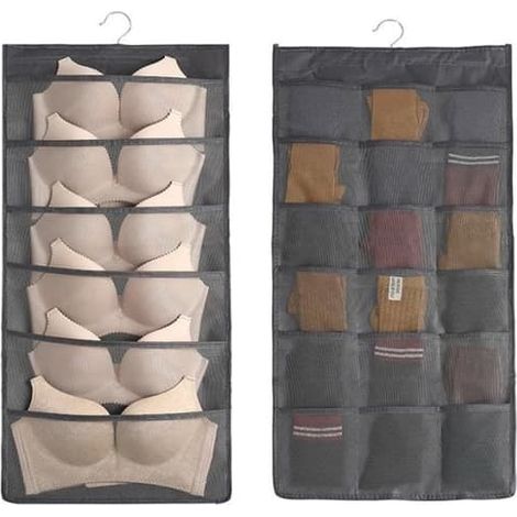SABIR-Organisateur suspendu, 24 poches suspendues pour sacs de rangement pour soutiens-gorge, sous-vêtements, culottes et chaussettes (gris) (1/4)