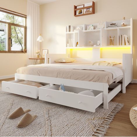 Divano letto estensibile 90x190/180x190 con cassetti, vani, prese e LED, bianco DESVIAE (1/5)