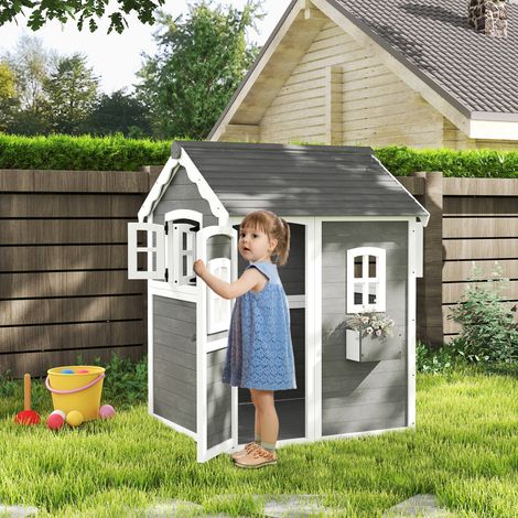 Spielhaus für Kinder, Indoor- und Outdoor-Haus mit Tür, Fenstern und Pflanzkasten, Tannenholz, Grau