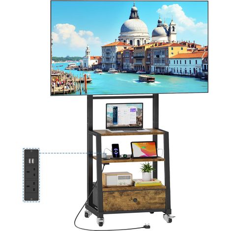 Support TV roulettes pour TV de 32 à 75 Pouces, Support TV sur Pied avec Prise, Pied TV Mobile avec Etagère et Tiroir Tissu, Hauteur Réglable, Max. Vesa 600x400 mm, Brun Vintage (1/5)