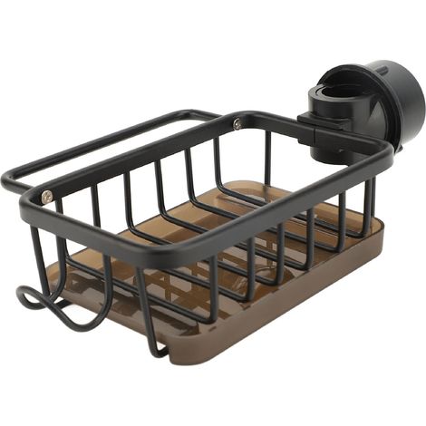 Support éponge polyvalent pour robinet rond, organisateur évier cuisine suspendu côté droit gris, égouttoir avec bac et crochet, aluminium plastique (1/5)