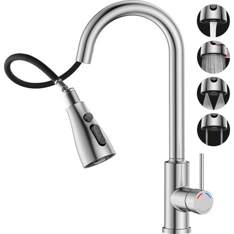 Robinet de Cuisine avec Douchette Extensible, Mitigeur Evier de 4 Fonctions de Pulvérisation, Robinet d'évier Arc Élevé en Acier Inoxydable, Bec pivotant à 360°,évier de Cuisine à 1 trou (1/5)