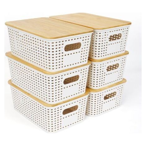 Juego de 6 cajas de almacenamiento apilables con tapas de bambú, cajas de almacenamiento de plástico blanco con tapa de 25,7 x 18 x 10,6 cm. (1/5)