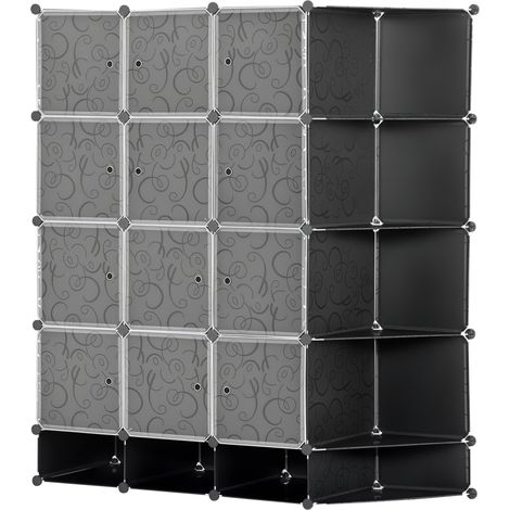 Organisateur de dressing noir et blanc portable avec 16 compartiments et 2 barres, accessoire design sobre pour chambre pratique et complet