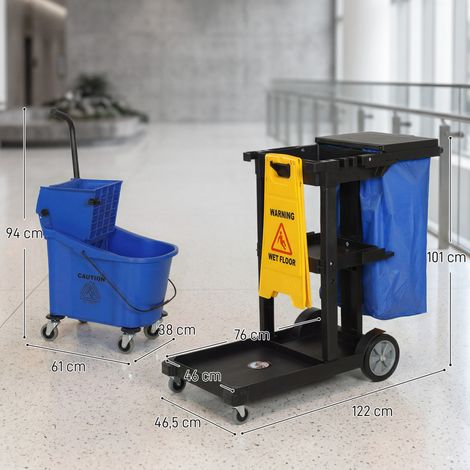 Reinigungskarre, Rollender Putzwagen mit 3 Ablagen, 70-Liter-Müllsack, Mop-Wringer-Eimer, Blau (1/5)