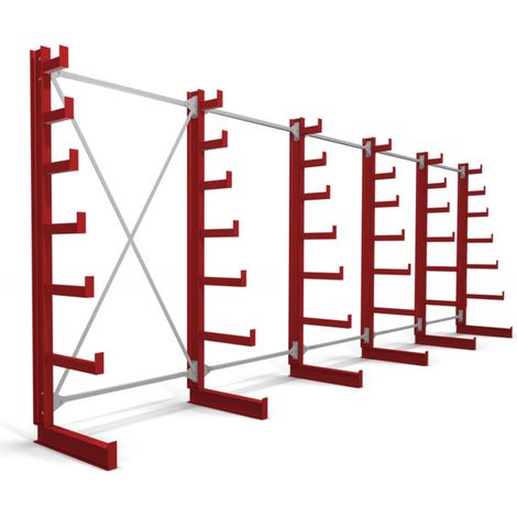 Rayonnage à bras en porte-à-faux STIER, simple, 5 travées avec 6 niveaux décroissants 6500x2000x500 mm, rouge feu (1/4)