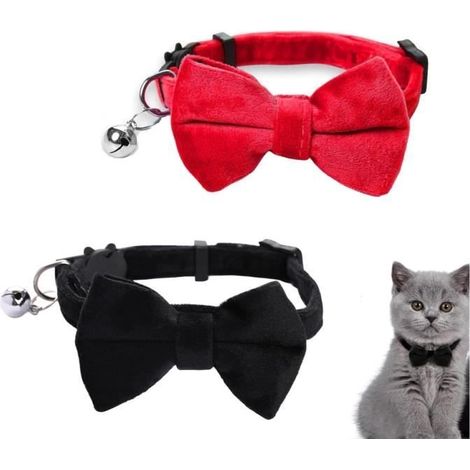 Collier pour Chat - Lot de 2 - Velours Rouge et Noir - Réglable - Avec Clochette et Nœud Papillon