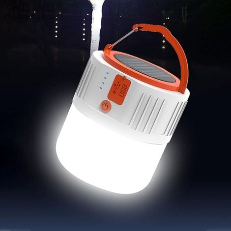 Luz solar recargable, linterna portátil para acampar al aire libre, luz de tienda portátil, luz de emergencia de seguridad, banco de energía, luz de inundación para pesca con 5 modos (blanca) (1/5)