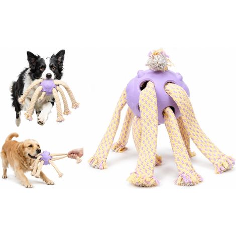 Jouet Chien - Pieuvre avec Balle en Caoutchouc Violet/Jaune - Polyester et TPR - pour Lancer et rapporter - 46 x 16 x 11 cm