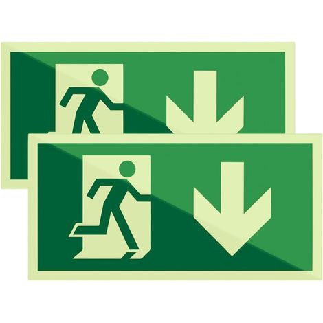 Panneau Sortie de Secours Autocollant, 2 Pièces, Vinyle Photoluminescent, Flèche Vers le Bas, Signalisation pour Intérieur et Extérieur (1/5)