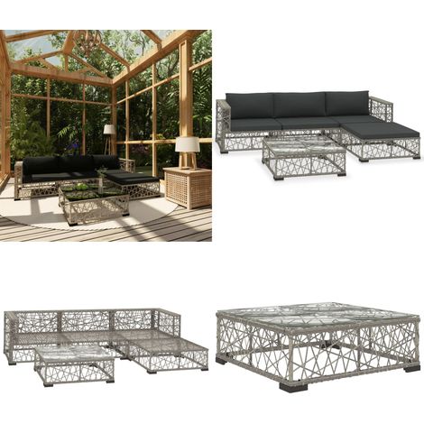 5-tlg. Garten-Lounge-Set mit Kissen Poly Rattan Grau - Garten-Lounge-Set - Garten-Lounge-Sets - Home & Living (1/5)
