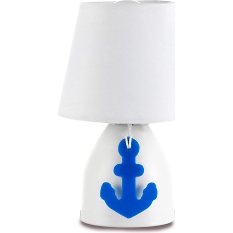 ONLI Lampada da Tavolo Base Metallo con Decorazione Ancora in plastica e Paralume in Tessuto 6 W, Bianco (1/4)
