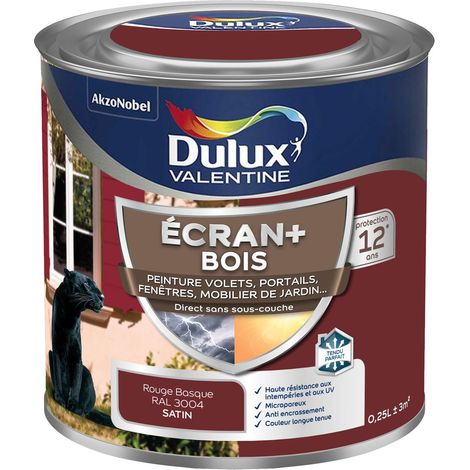 ECRAN+ BOIS - Peinture satinée pour bois extérieur - Volets, portes, fenêtres, portails - Rouge Basque  0,25 L - Dulux Valentine
