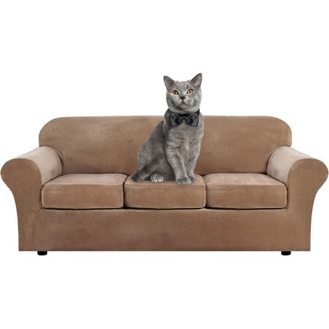 Soft and stretchy velvet sofa cover with separate cushion covers for 1, 2, 3 seater sofas with anti-slip strap for living room, bedroom (cafe, 3 seater) (1/5)