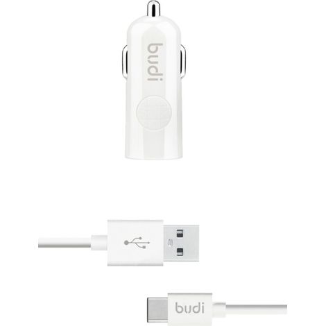 Budi - Chargeur de voiture USB + Câble USB-C (Blanc) (1/4)