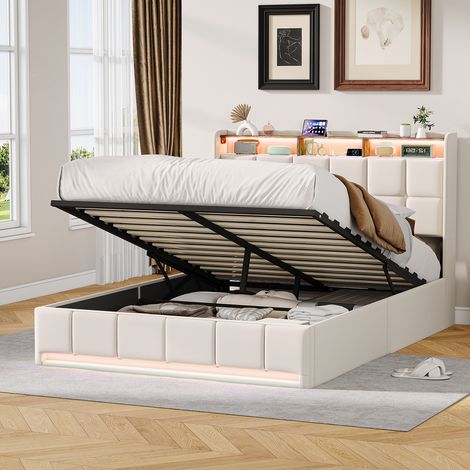 lit coffre 140 x 190, lit 140 x 190, lit double, Sommier à Lattes, LED réglable, Chargement USB, avec levier hydraulique, Beige, lin