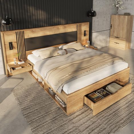 Lit double 160 x 200 cm, lit coffre, lit en bois, lit enfant, avec lampe de lecture, 2 tables de chevet, tiroirs, coloris naturel