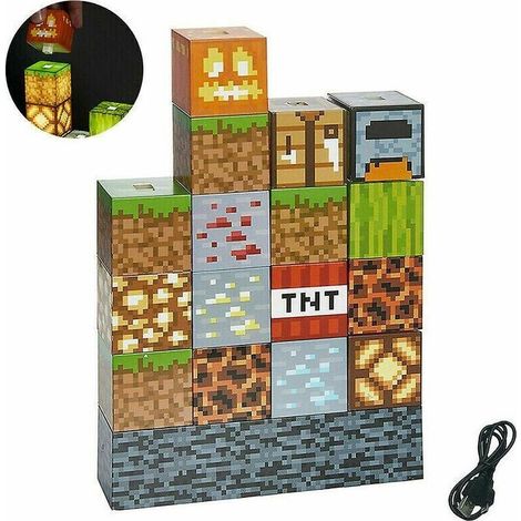 Minecraft-Schreibtischlampe aus Bausteinen – 16 leitfähige Bausteine – USB-betrieben – Anpassbares Nachtlicht für Kinder